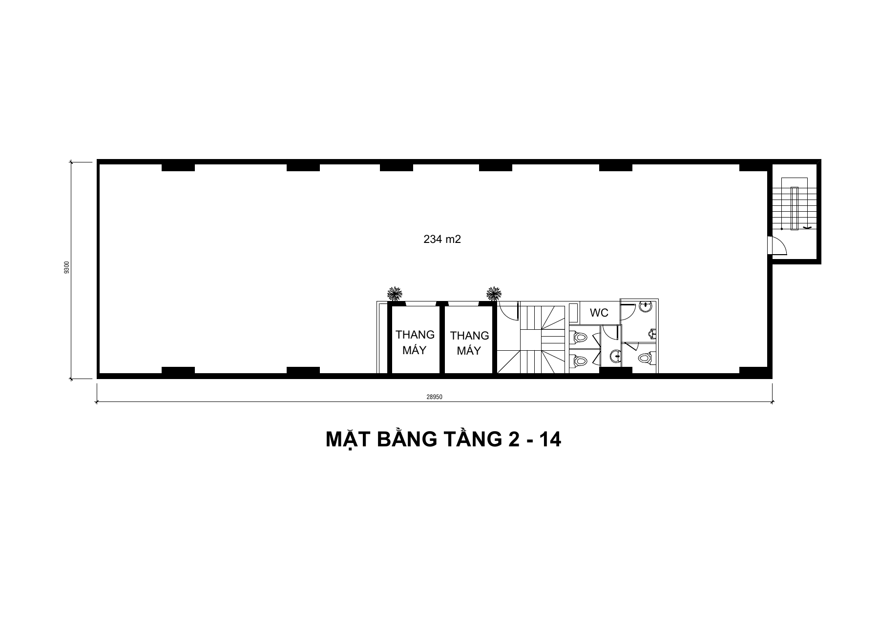 Bản vẽ mặt bằng tầng 2 đến 14, diện tích 234 m², tòa nhà 89 Phan Đình Phùng