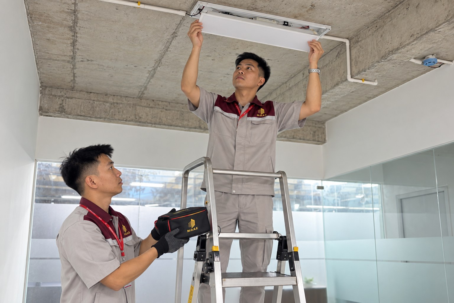 Nhân viên kỹ thuật M.O.R.E chăm sóc hệ thống chiếu sáng văn phòng