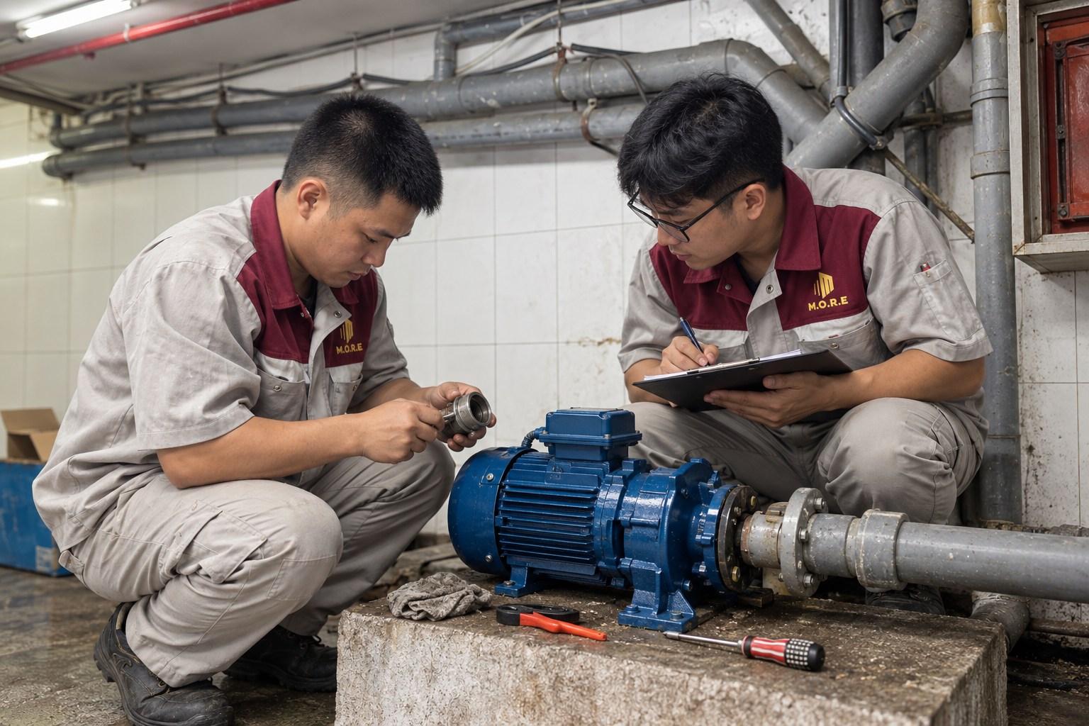 Nhân viên kỹ thuật M.O.R.E phối hợp kiểm tra máy bơm
