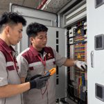 Hai nhân viên kỹ thuật M.O.R.E trao đổi tình trạng thiết bị tại phòng điện