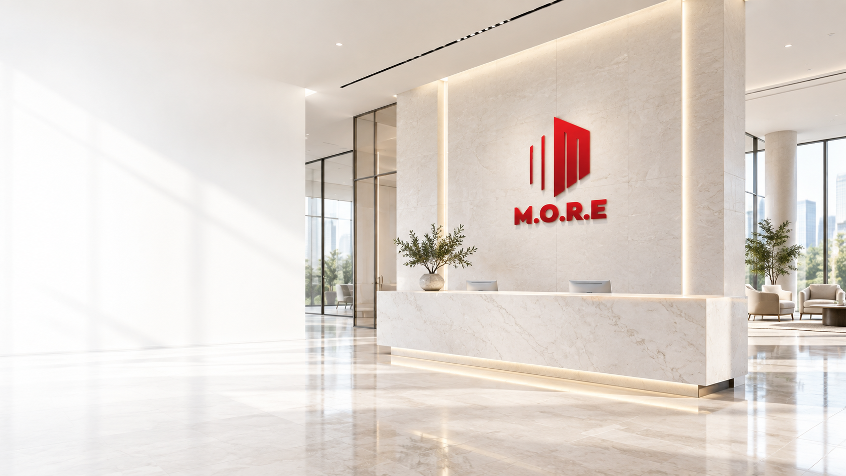 Sảnh sáng với logo M.O.R.E trên vách lễ tân